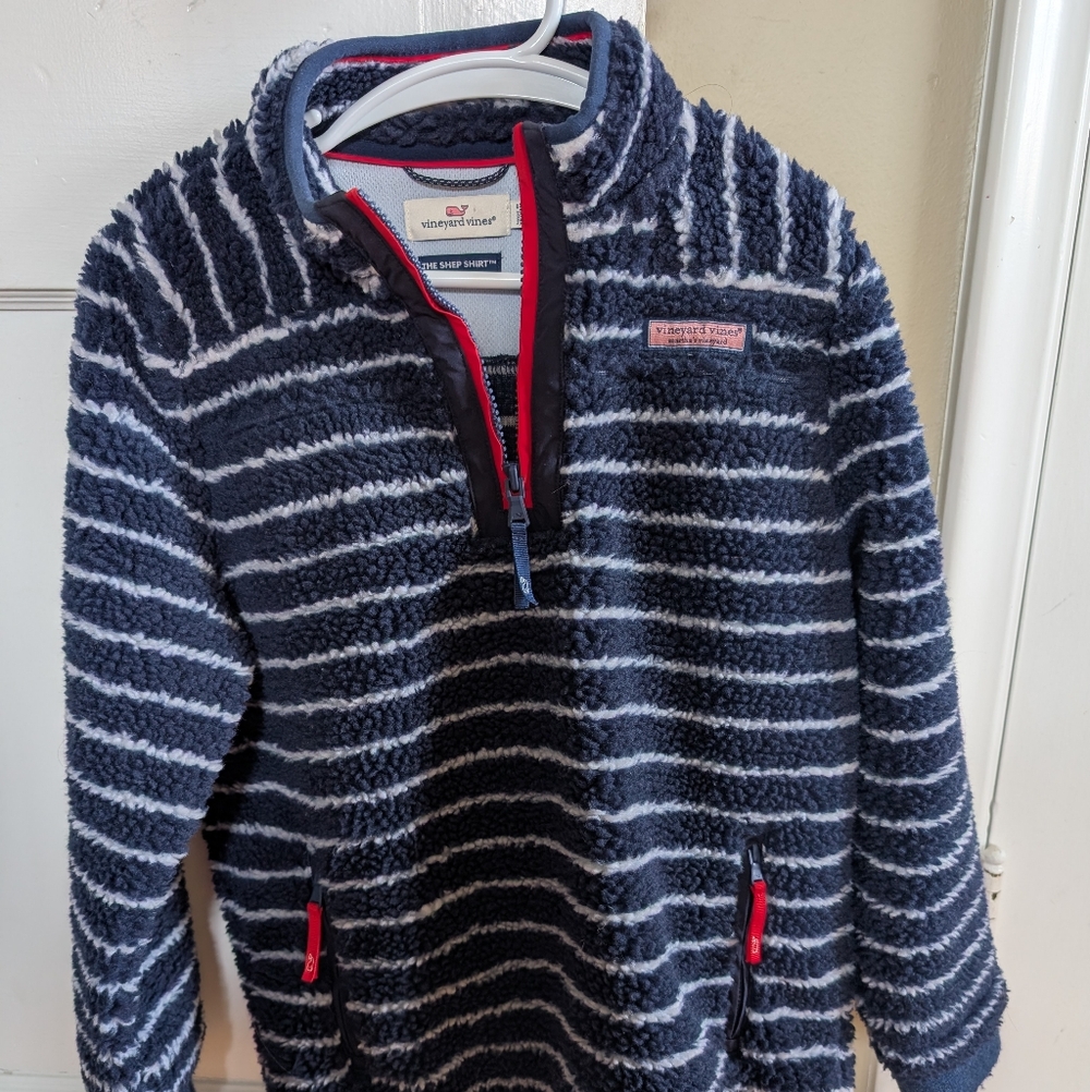 Vineyard Vines Navy & White Striped Sherpa Pullover Size 10-12 Kids